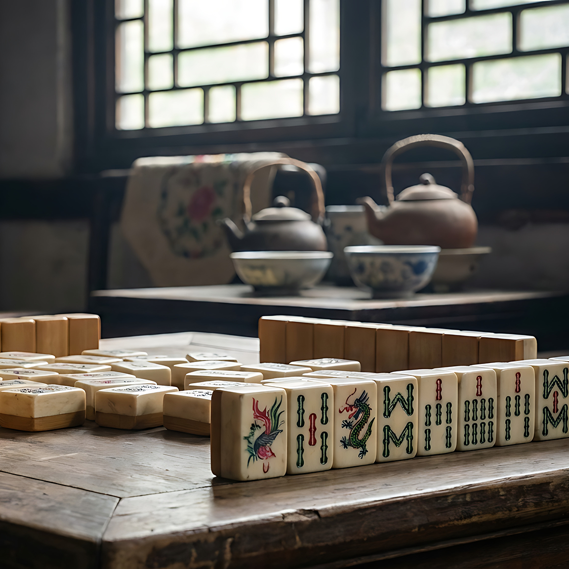 Mahjong Tile Set in front of tea set in ancient setting